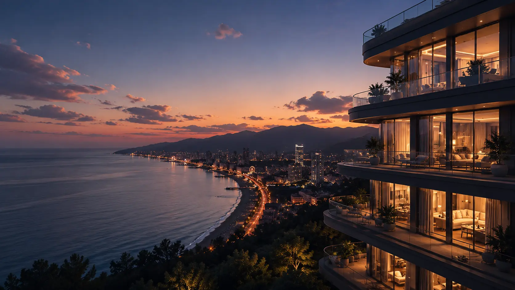 Panoramic view of the Batumi coastline at sunset, Georgia