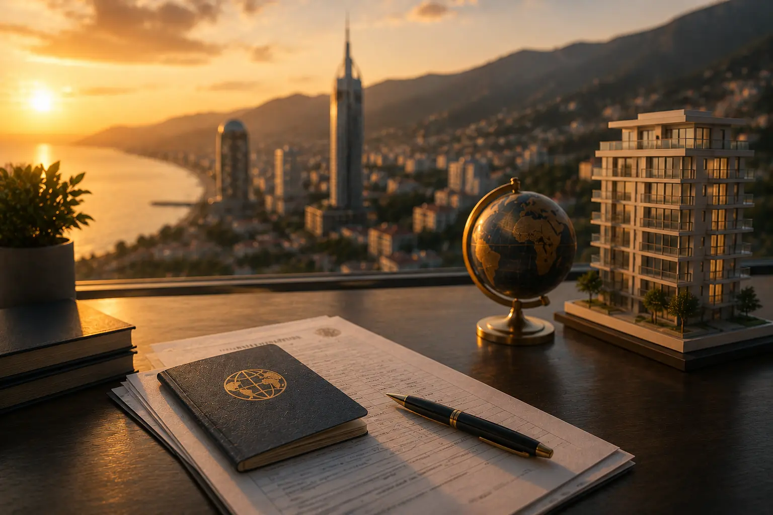 Modern skyscraper in Batumi at sunset