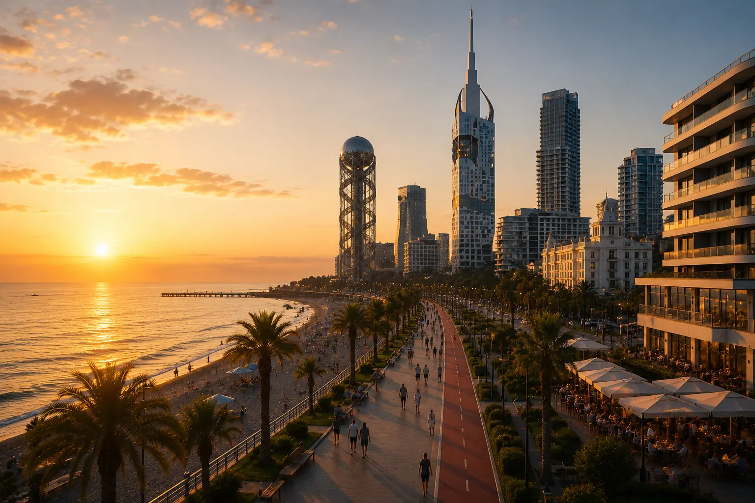 Batumi promenade and beach with palm trees at sunset